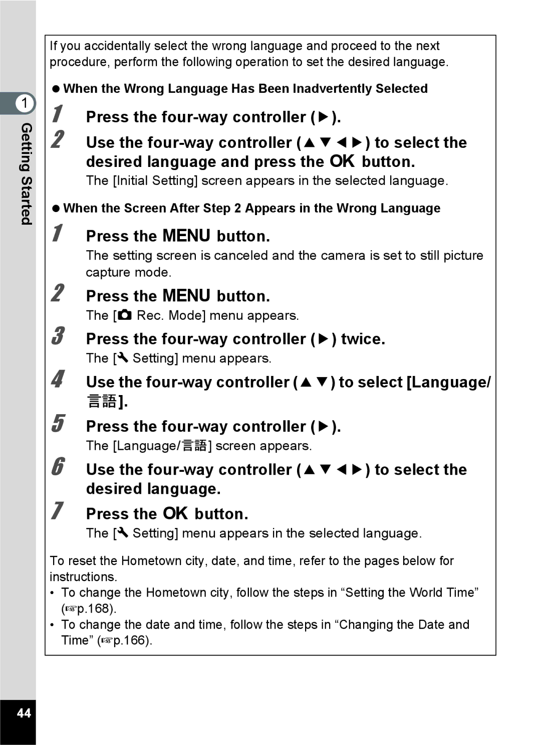 Pentax 15921 manual Press the 3 button, Use the four-way controller 23 to select Language/ u 