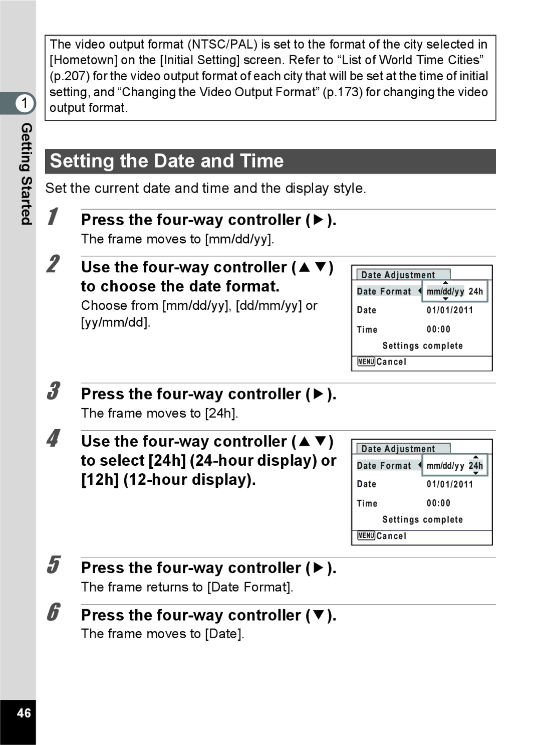 Pentax 15921 manual Setting the Date and Time, Use the four-way controller, To choose the date format, 12h 12-hour display 