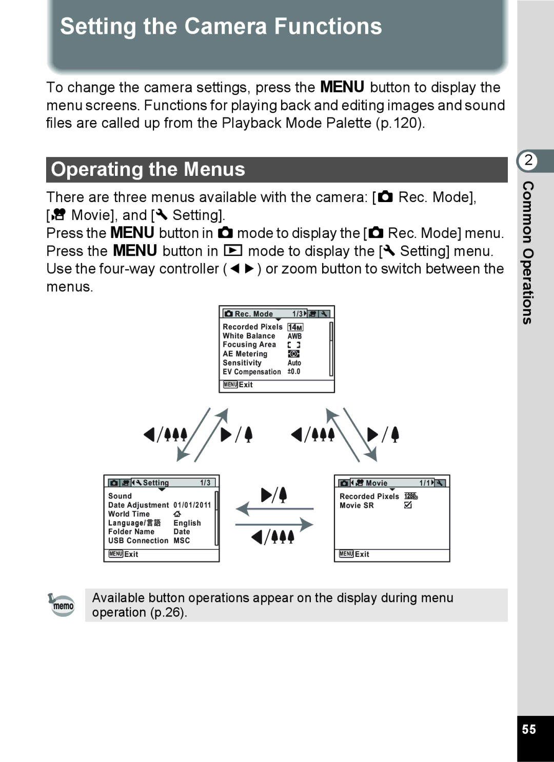 Pentax 15921 manual Setting the Camera Functions, Operating the Menus 