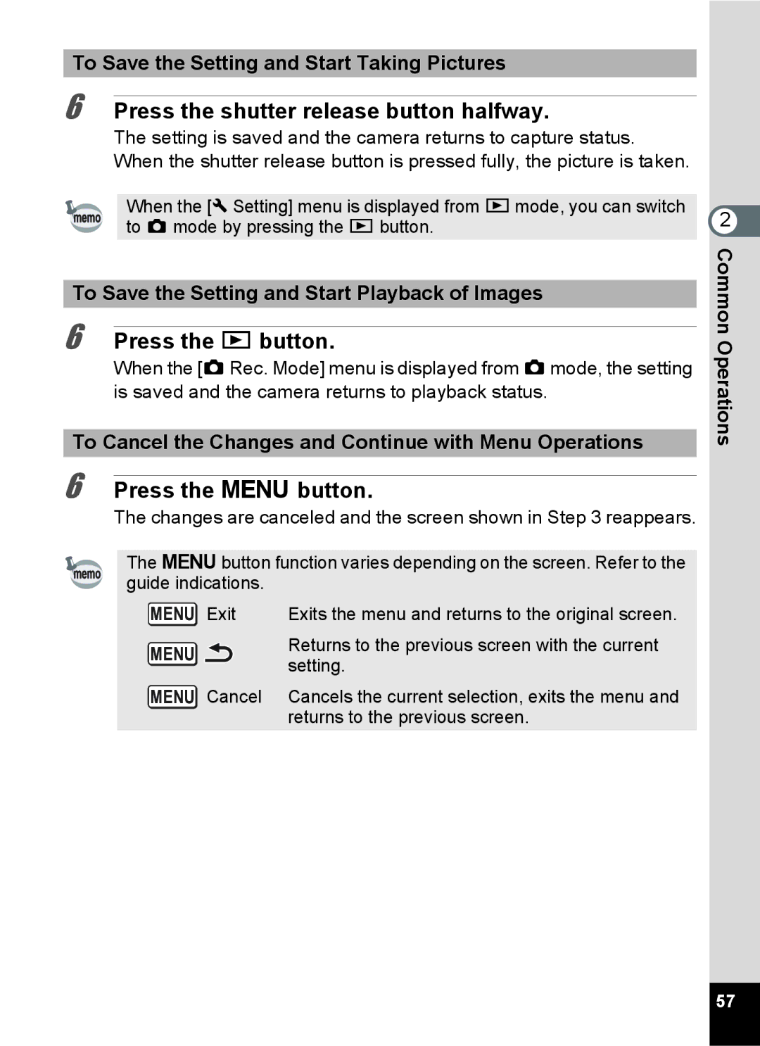 Pentax 15921 manual Press the shutter release button halfway, To Save the Setting and Start Taking Pictures, Menu Exit 