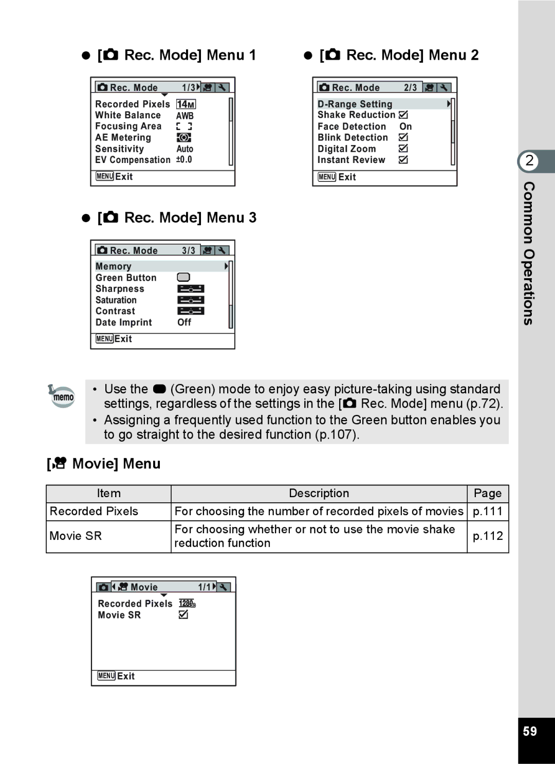 Pentax 15921 manual  a Rec. Mode Menu, Movie Menu 