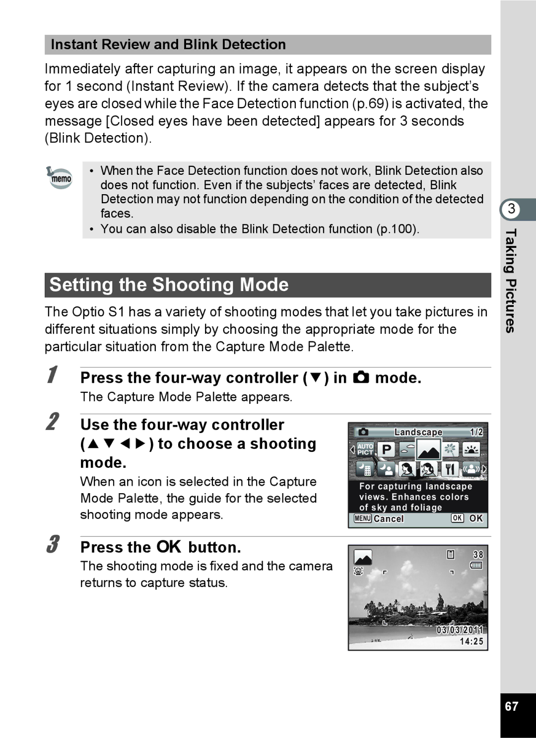 Pentax 15921 Setting the Shooting Mode, Press the four-way controller 3 in a mode, Instant Review and Blink Detection 