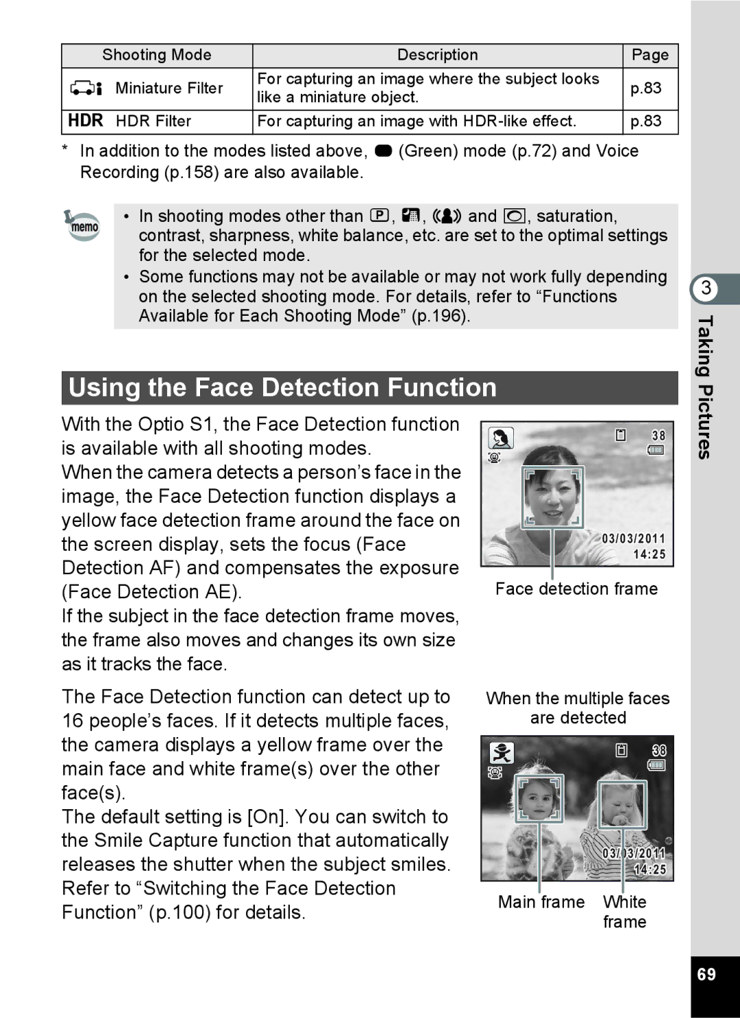 Pentax 15921 manual Using the Face Detection Function, Pictures 