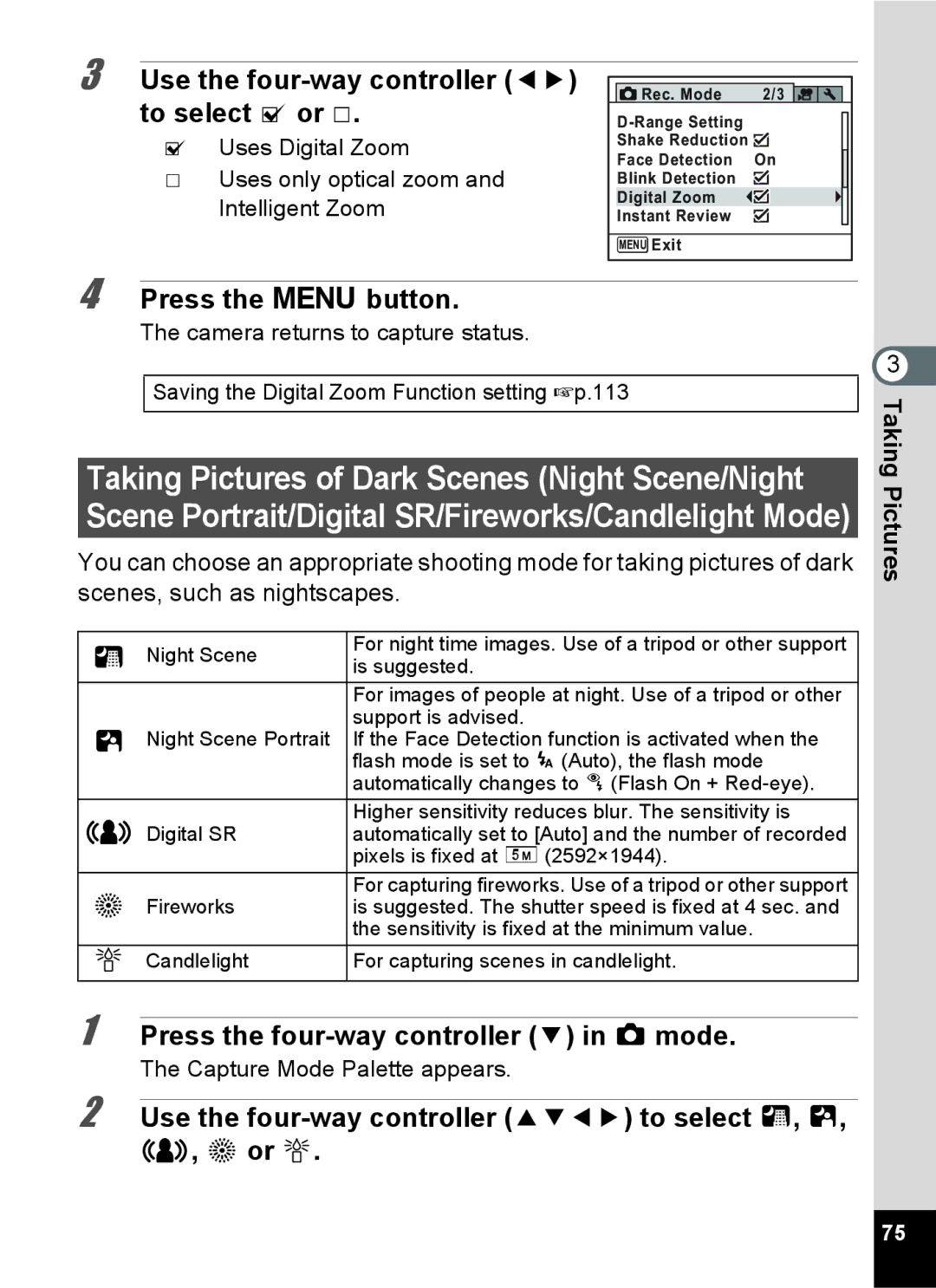 Pentax 15921 Use the four-way controller 45 to select O or P, Use the four-way controller 2345 to select A, B, c, S or U 