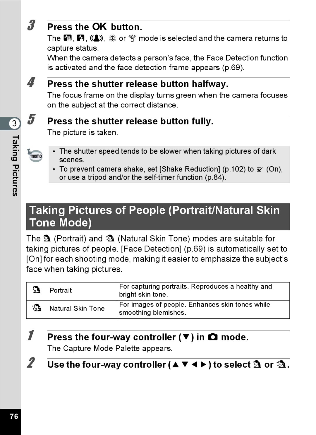 Pentax 15921 Taking Pictures of People Portrait/Natural Skin Tone Mode, Use the four-way controller 2345 to select cor d 