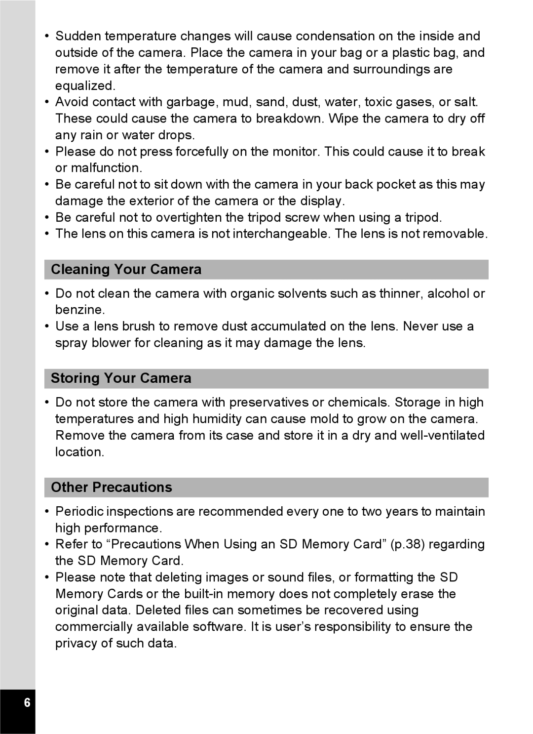 Pentax 15921 manual Cleaning Your Camera, Storing Your Camera, Other Precautions 