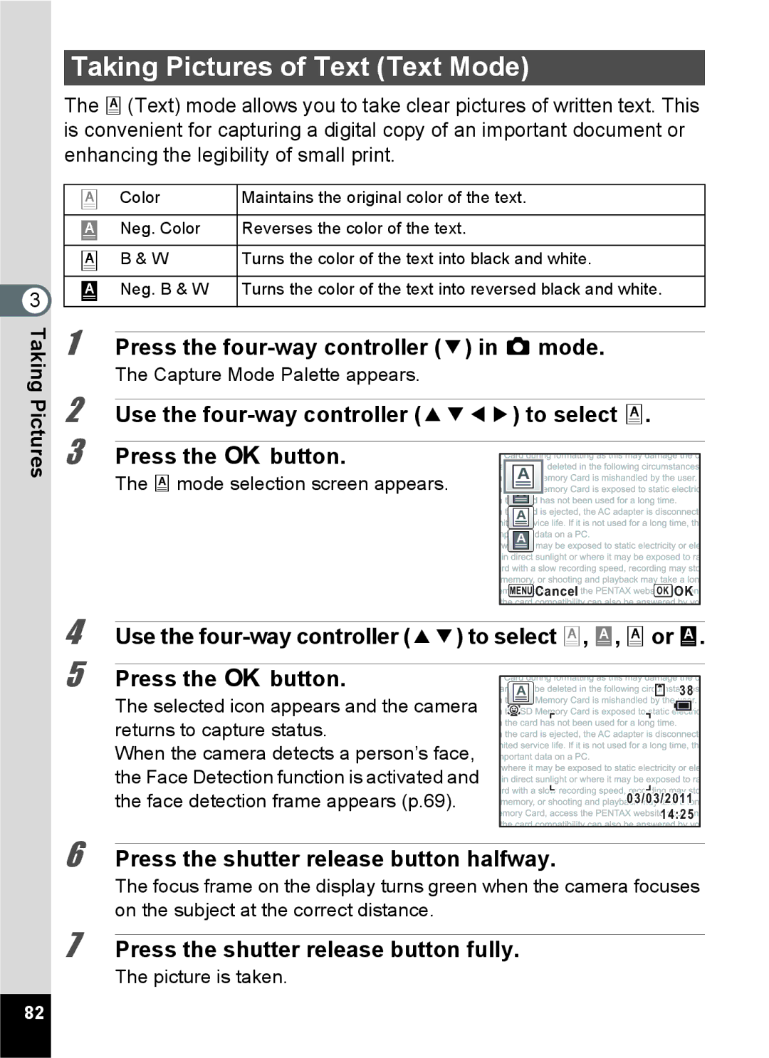 Pentax 15921 manual Taking Pictures of Text Text Mode, Use the four-way controller 23 to select c, d, c or d 