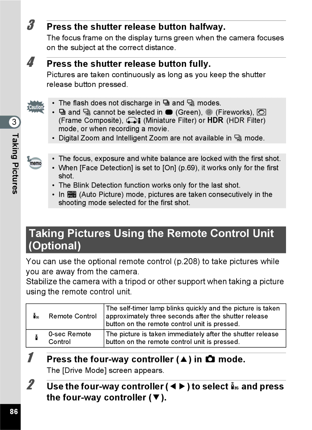 Pentax 15921 manual Taking Pictures Using the Remote Control Unit Optional 