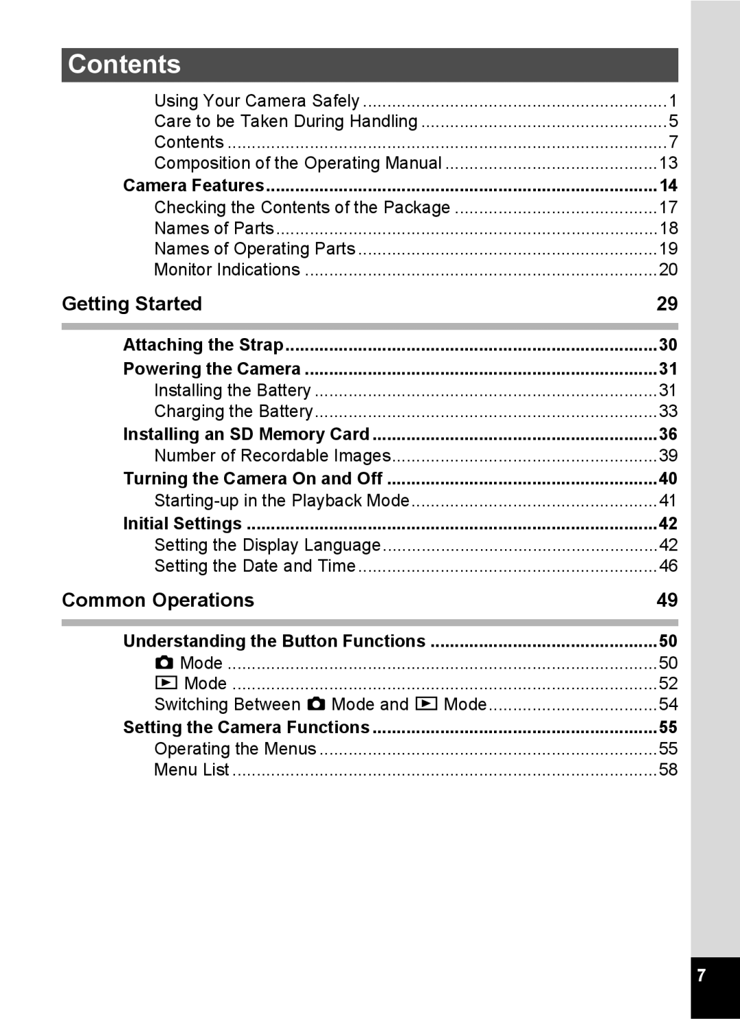 Pentax 15921 manual Contents 