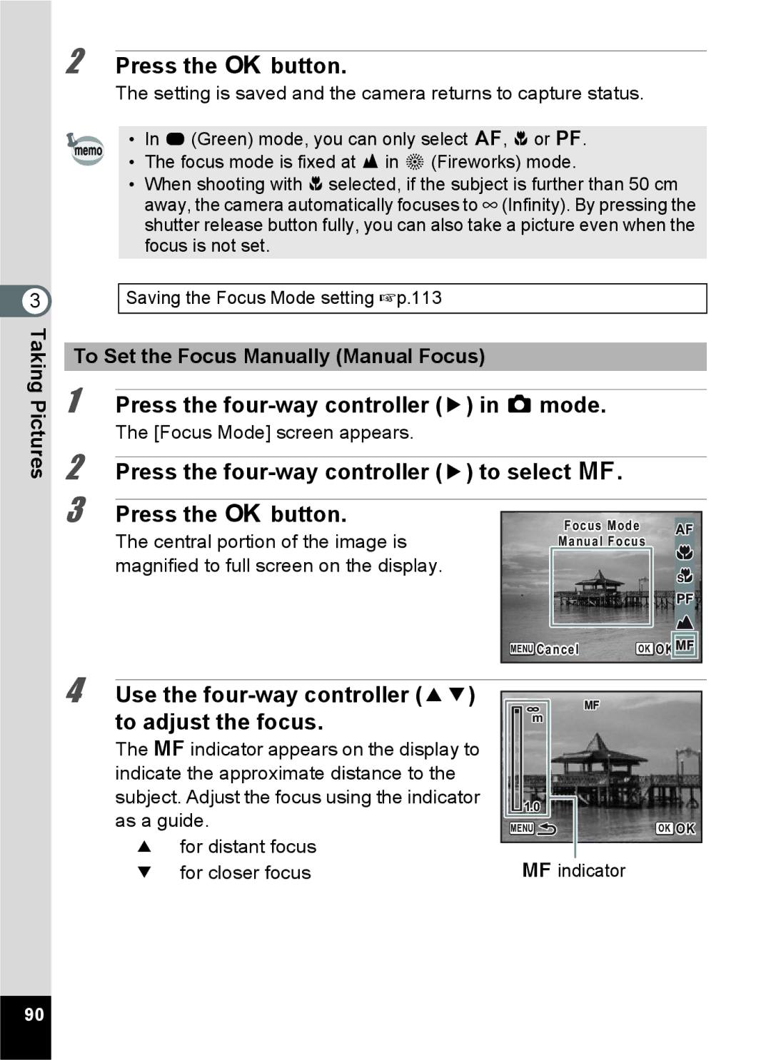 Pentax 15921 manual Use the four-way controller 23 to adjust the focus, To Set the Focus Manually Manual Focus 