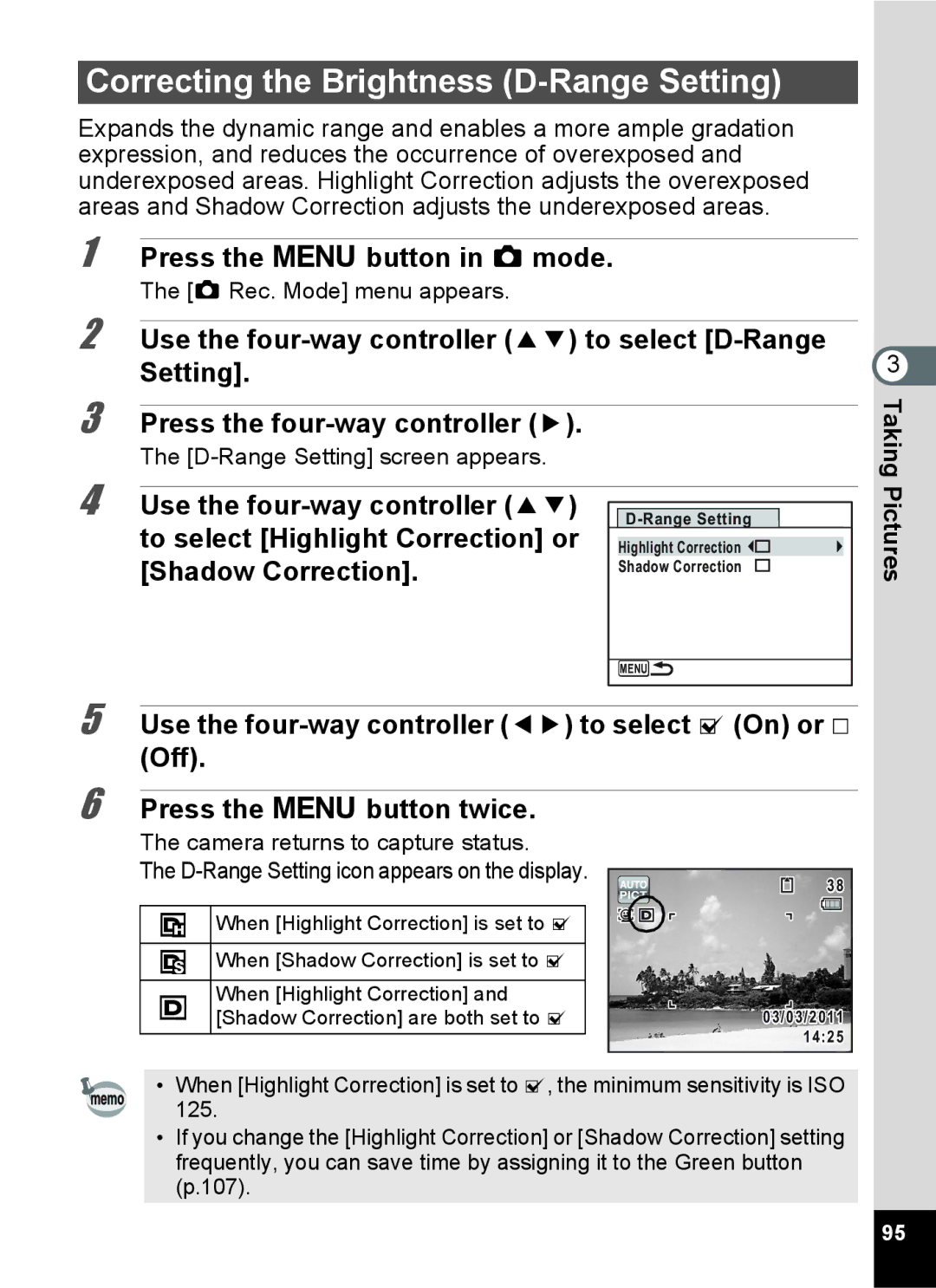 Pentax 15921 manual Correcting the Brightness D-Range Setting 