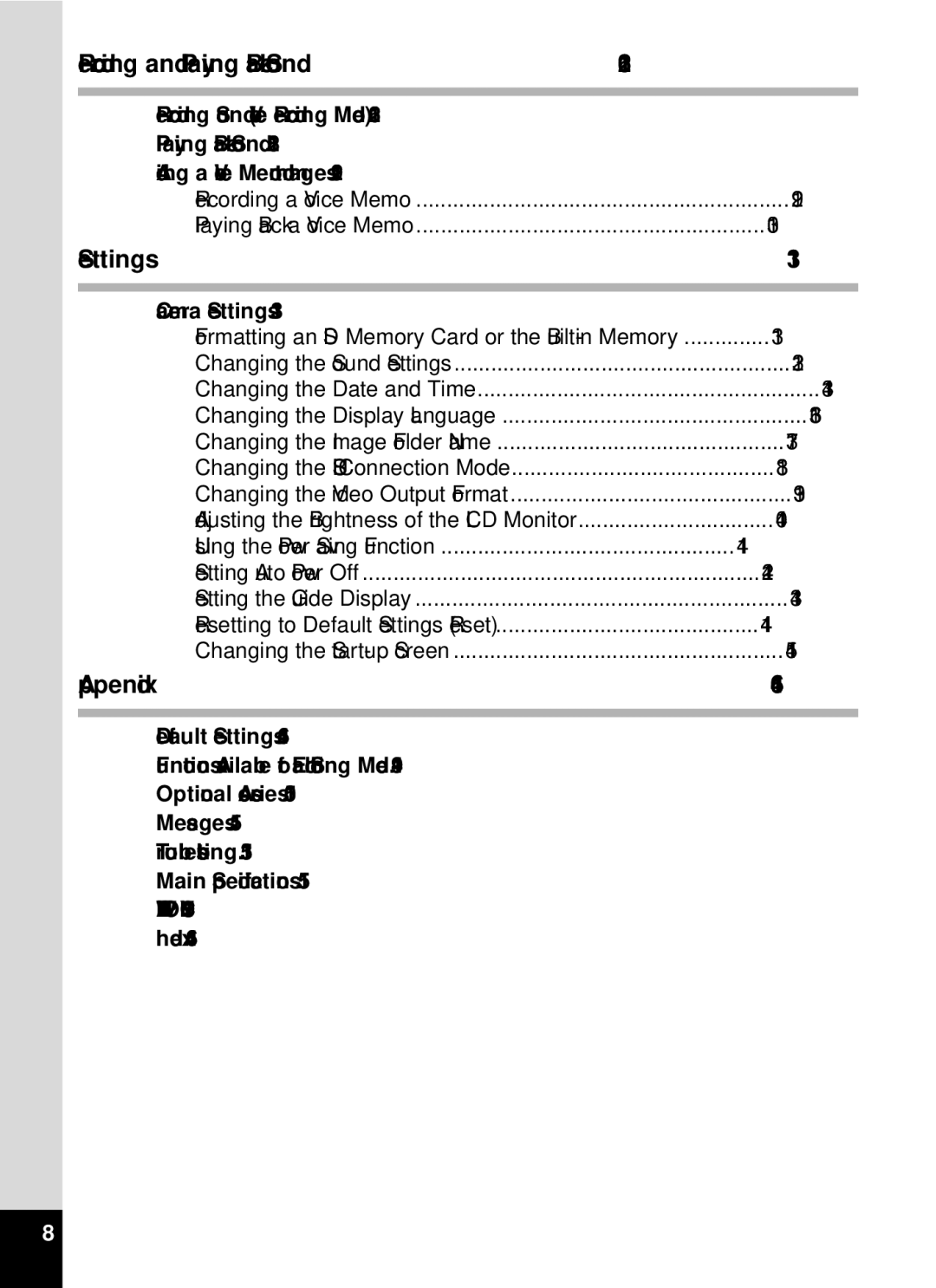 Pentax 19196, optio E-40 manual Recording and Playing Back Sound, Settings, Appendix 