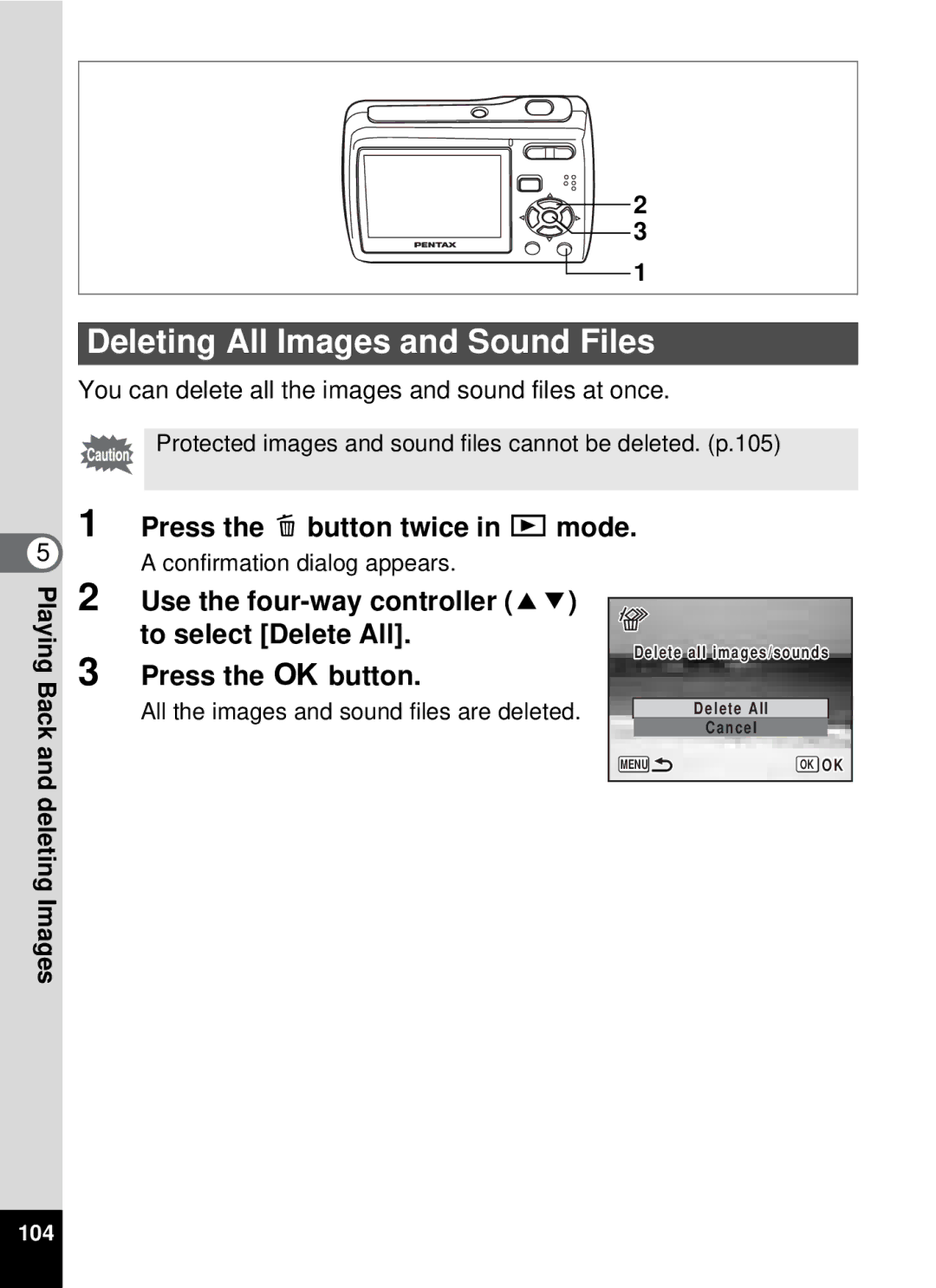 Pentax 19196, optio E-40 manual Deleting All Images and Sound Files, Press the i button twice in Q mode 