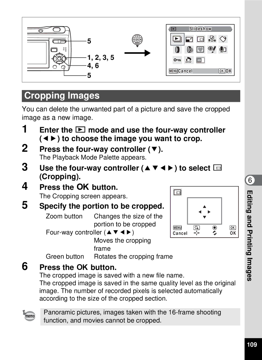 Pentax optio E-40, 19196 manual Cropping Images, Use the four-way controller 2345 to select o Cropping, 3, 5 4 