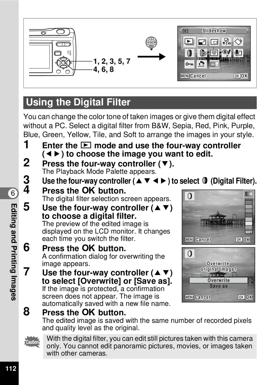 Pentax 19196, optio E-40 manual Using the Digital Filter, To choose a digital filter, To select Overwrite or Save as 