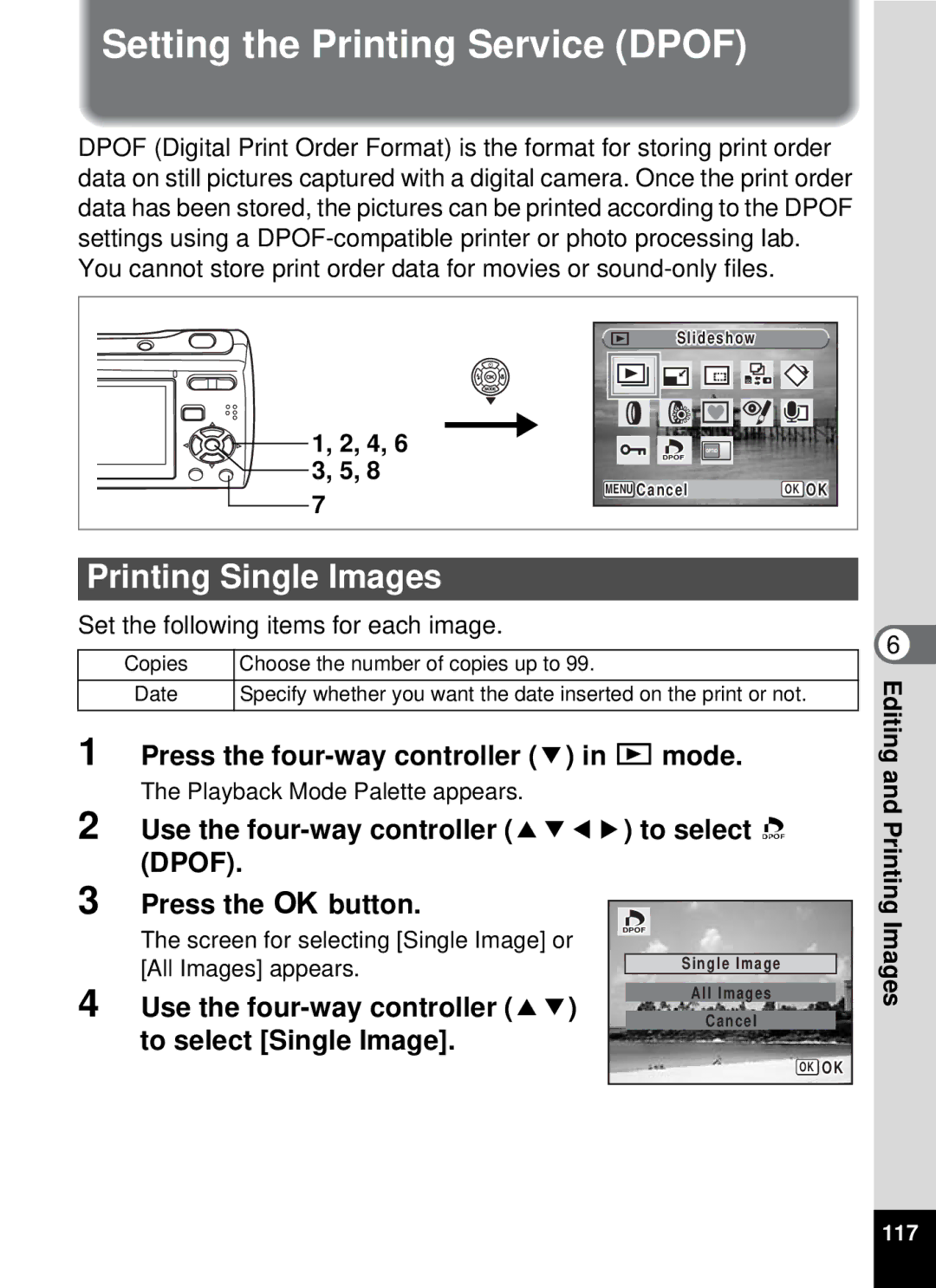 Pentax optio E-40, 19196 manual Setting the Printing Service Dpof, Printing Single Images 