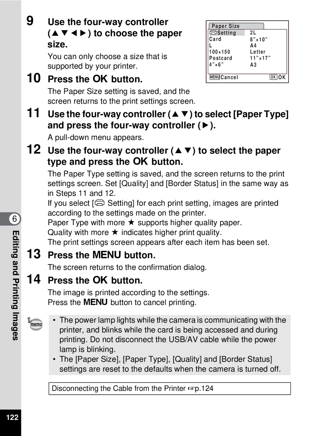 Pentax 19196, optio E-40 manual Use the four-way controller 2345 to choose the paper size, Press the 3 button 