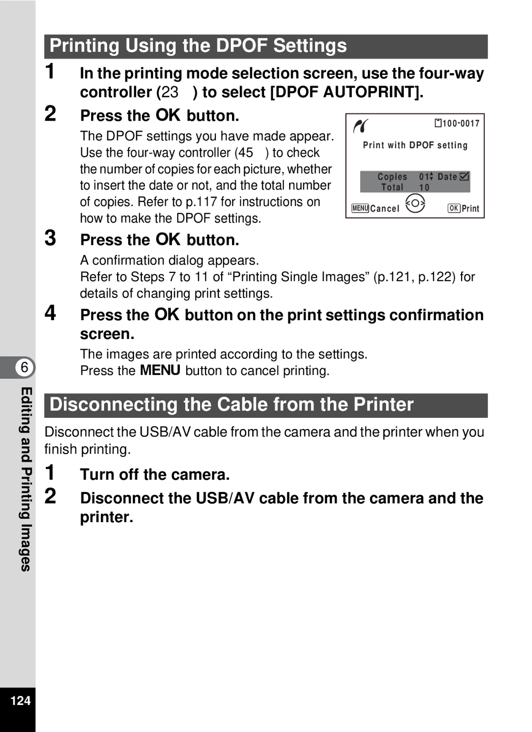 Pentax 19196, optio E-40 manual Printing Using the Dpof Settings, Disconnecting the Cable from the Printer 