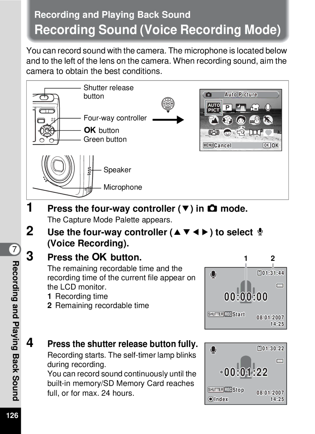 Pentax 19196, optio E-40 manual Recording Sound Voice Recording Mode, Voice Recording Press the 4button, Playing Back Sound 