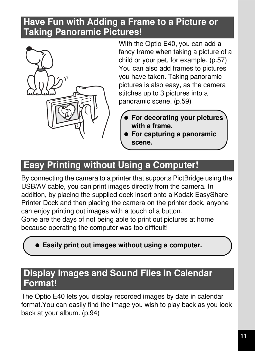 Pentax optio E-40, 19196 manual Easy Printing without Using a Computer, Display Images and Sound Files in Calendar Format 