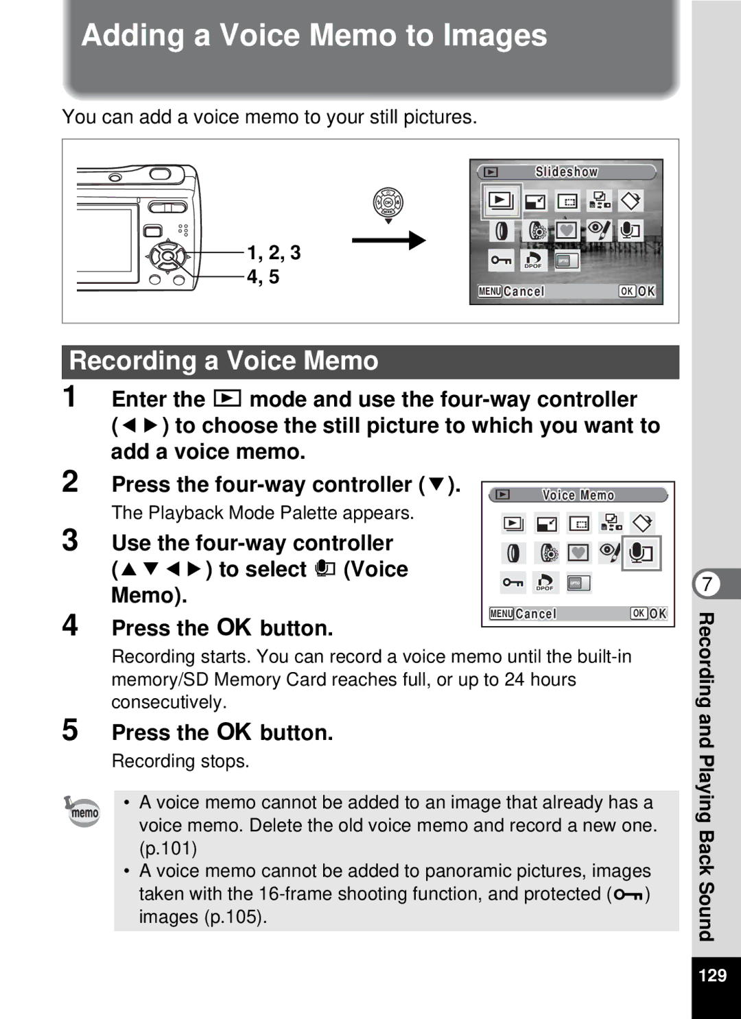 Pentax optio E-40, 19196 manual Adding a Voice Memo to Images, Recording a Voice Memo, 3 4 