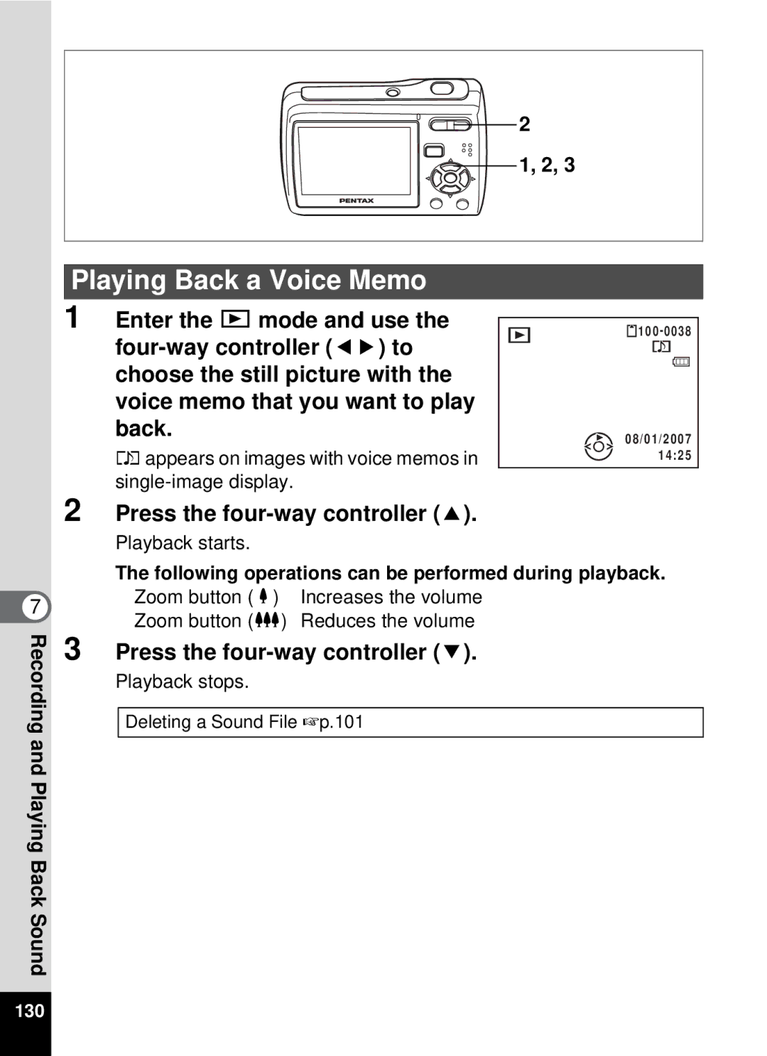 Pentax 19196, optio E-40 manual Playing Back a Voice Memo 