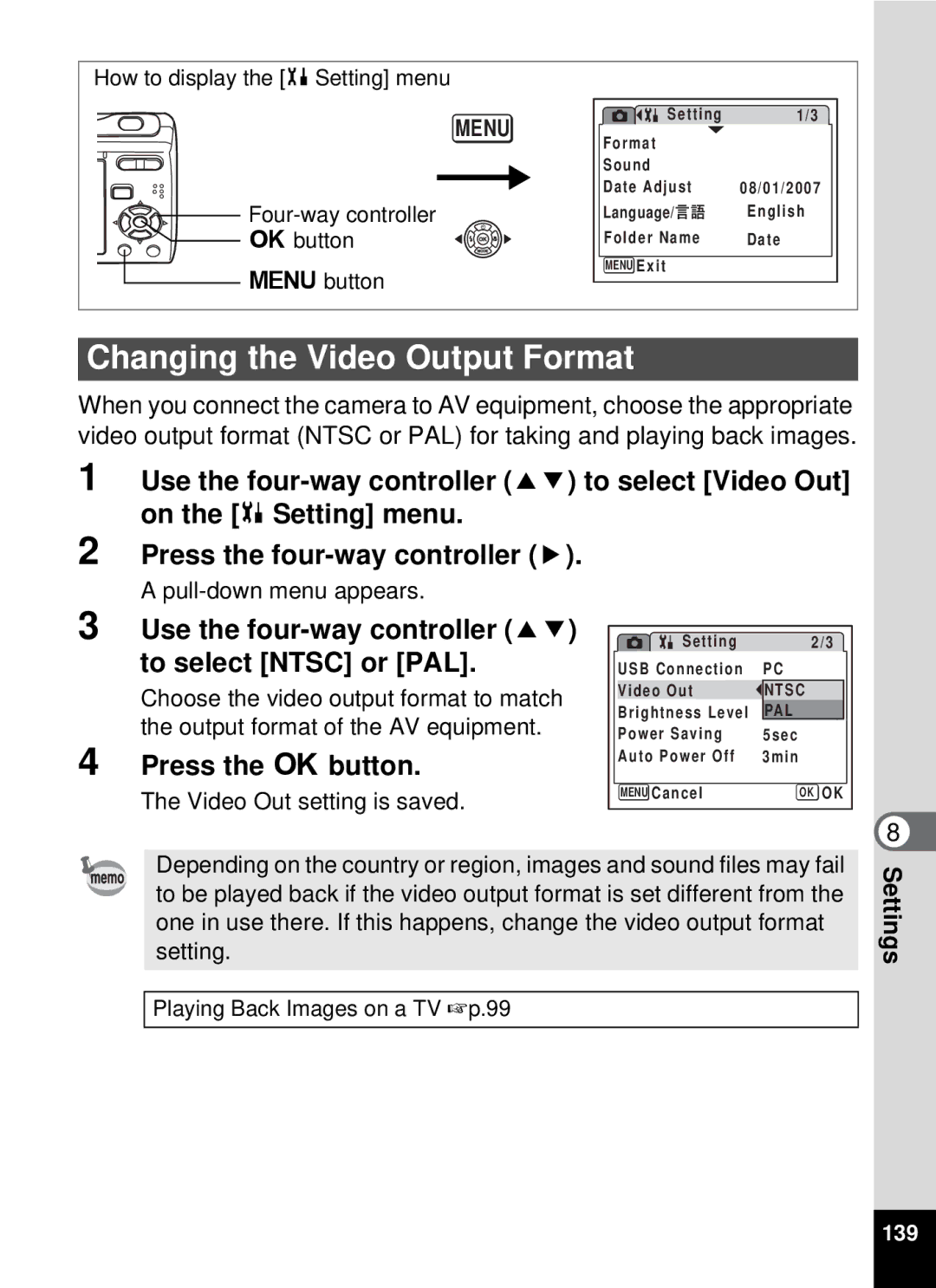 Pentax optio E-40, 19196 manual Changing the Video Output Format, To select Ntsc or PAL 