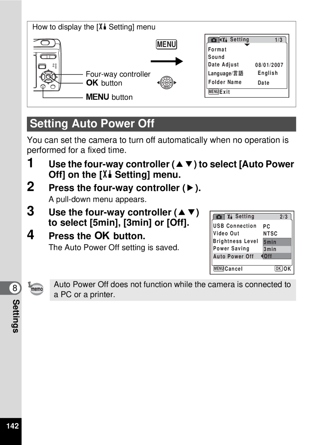 Pentax 19196, optio E-40 manual Setting Auto Power Off, Auto Power Off setting is saved 