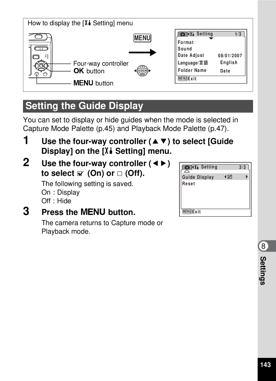 Pentax optio E-40, 19196 manual Setting the Guide Display, Press the 3 button Select Guide 