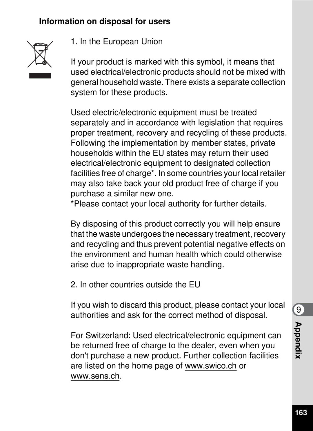 Pentax optio E-40, 19196 manual Information on disposal for users, Other countries outside the EU 