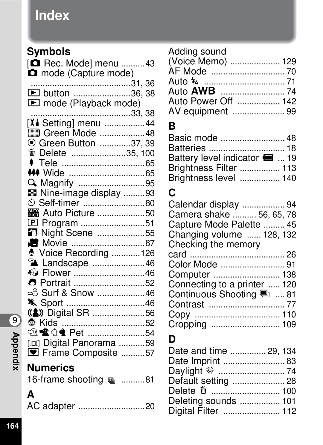 Pentax 19196, optio E-40 manual Index, Symbols 