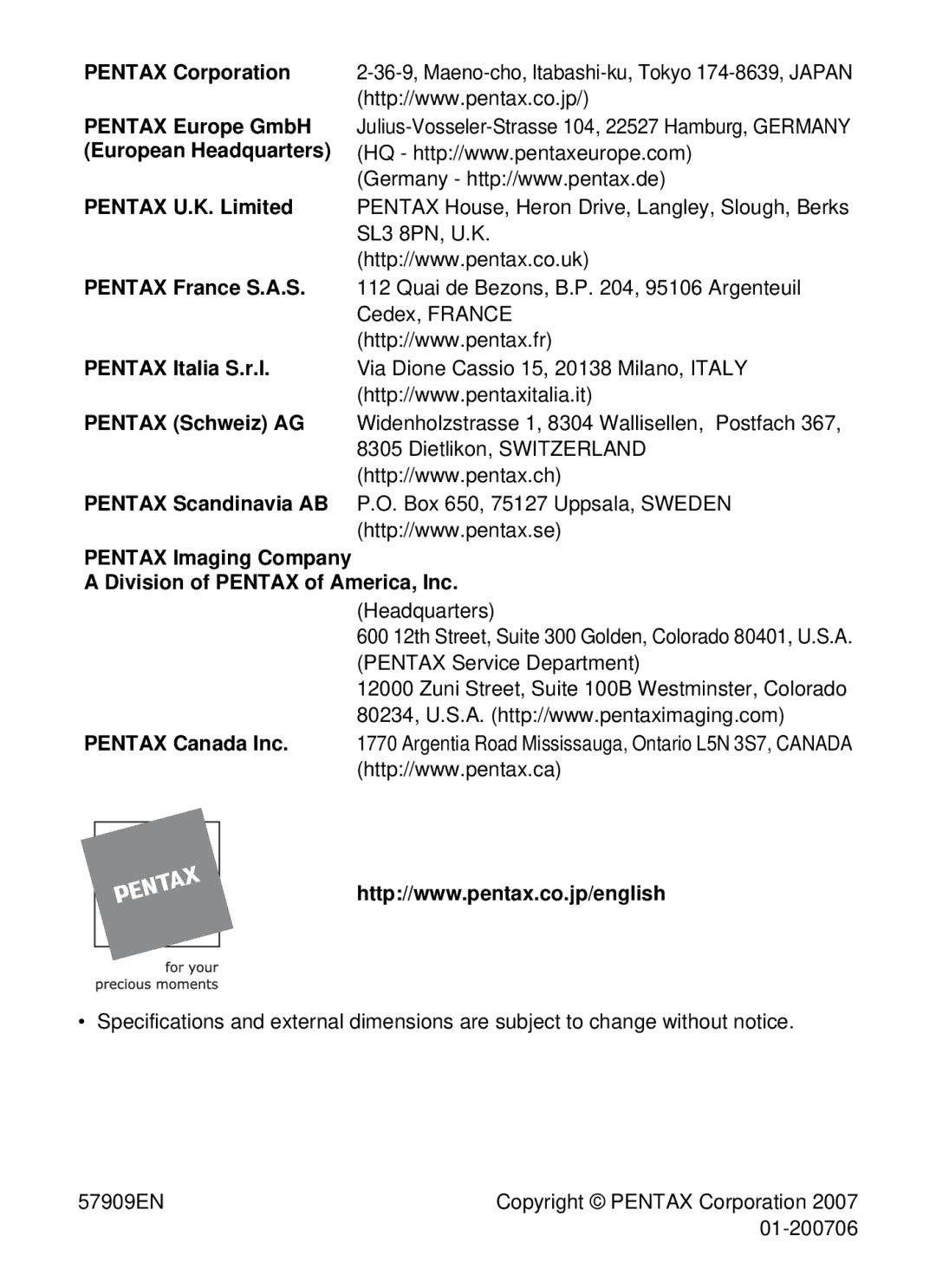 Pentax optio E-40, 19196 manual Pentax Corporation 