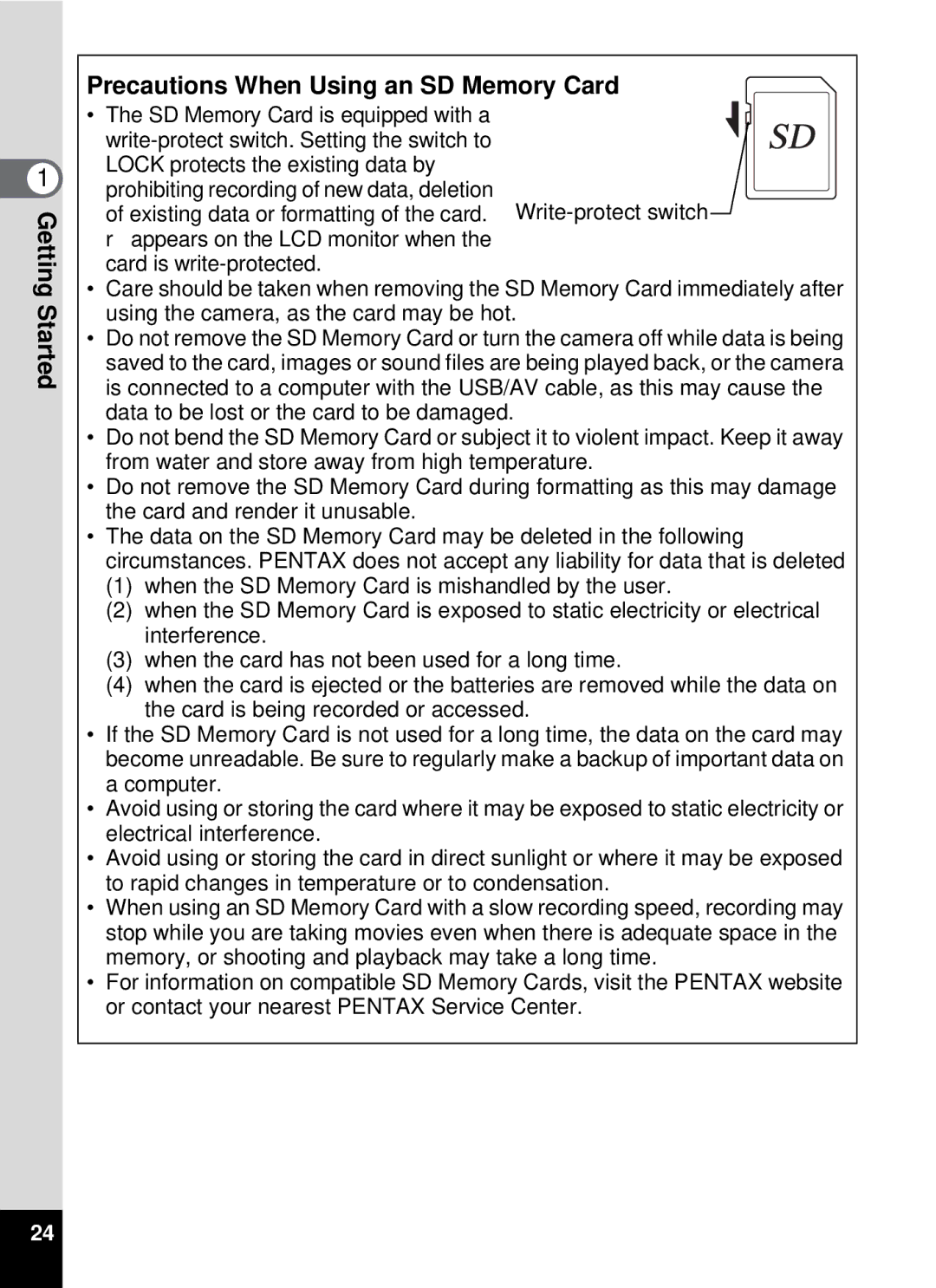 Pentax 19196, optio E-40 manual Precautions When Using an SD Memory Card 