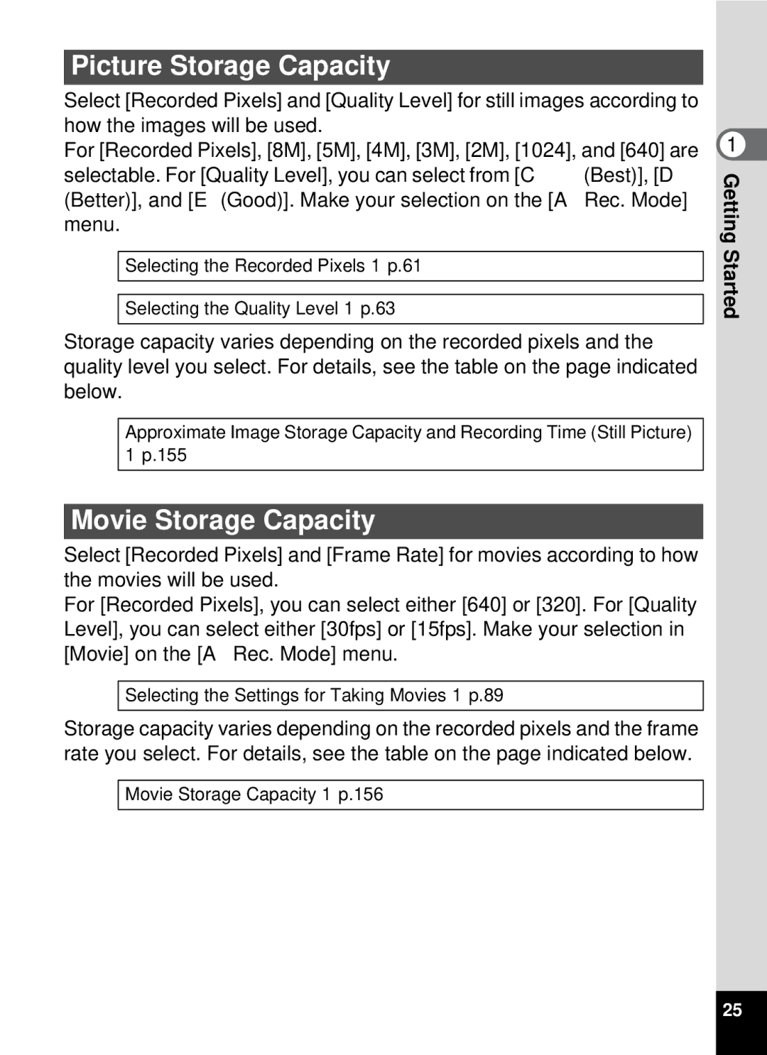 Pentax optio E-40, 19196 manual Picture Storage Capacity, Movie Storage Capacity 