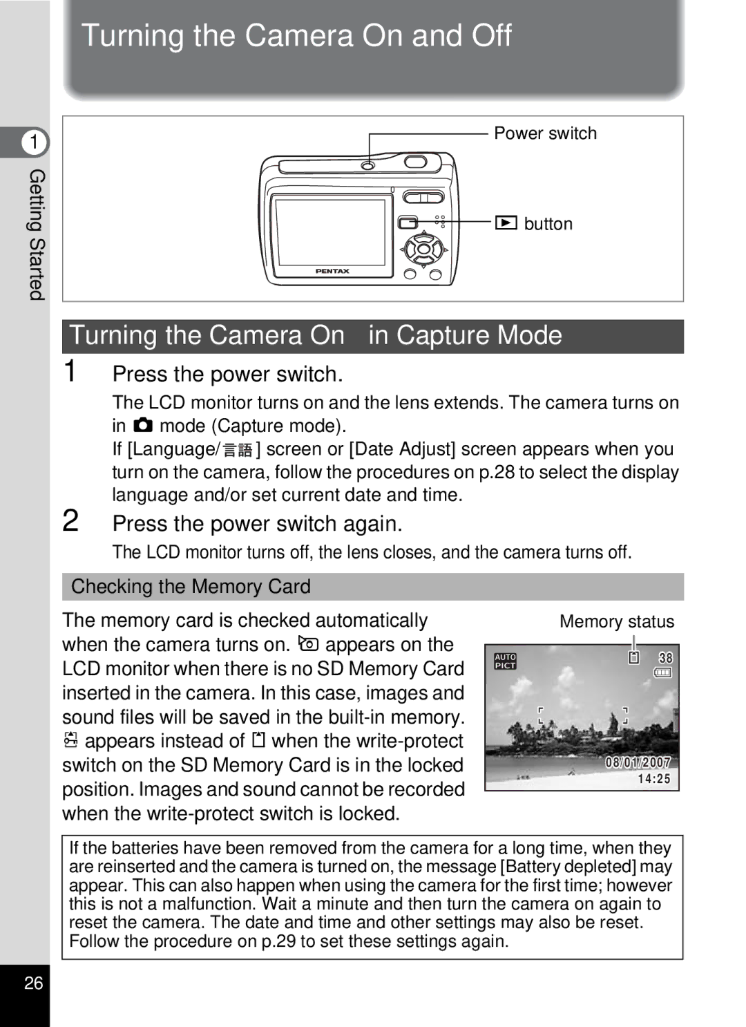 Pentax 19196, optio E-40 manual Turning the Camera On and Off, Turning the Camera On in Capture Mode, Press the power switch 