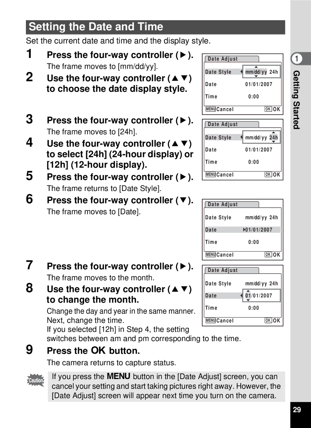 Pentax optio E-40, 19196 manual Setting the Date and Time, Press the four-way controller, Press the 4 button 