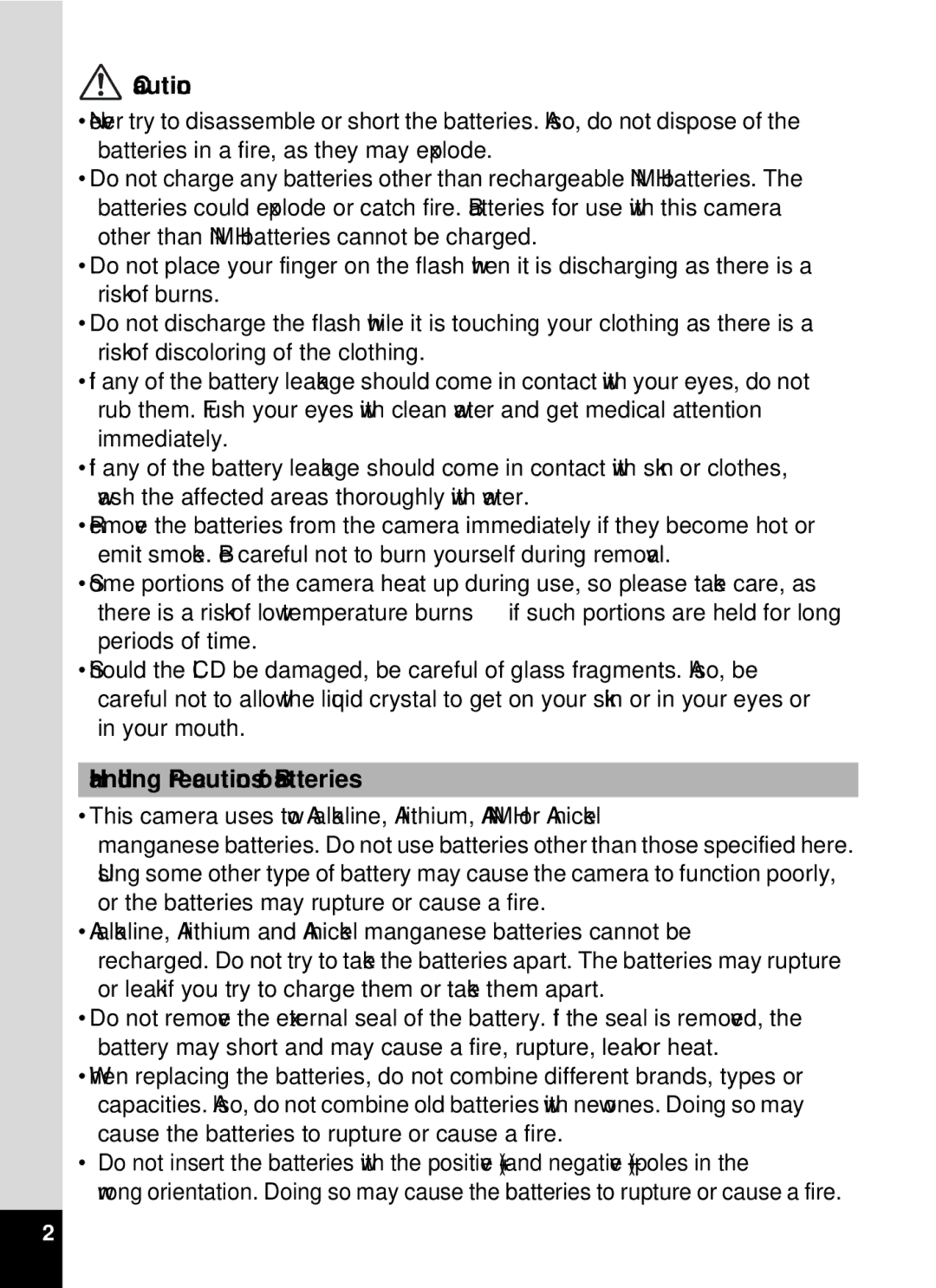 Pentax 19196, optio E-40 manual Handling Precautions for Batteries 