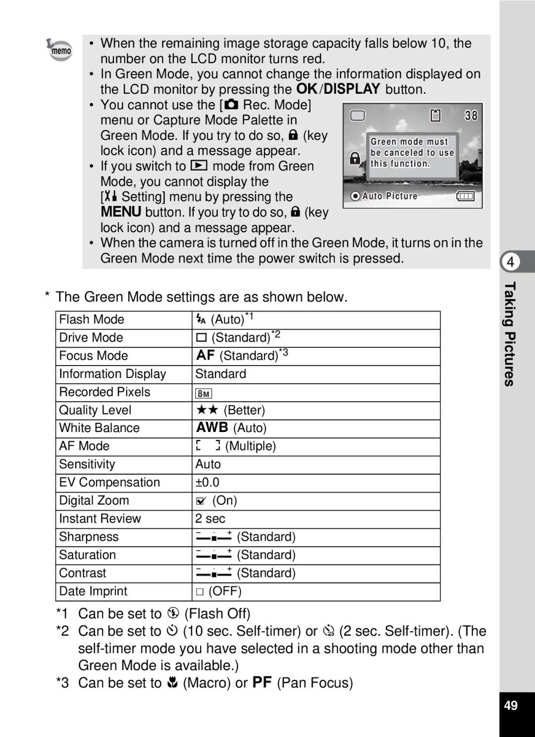 Pentax optio E-40, 19196 manual Green Mode settings are as shown below 