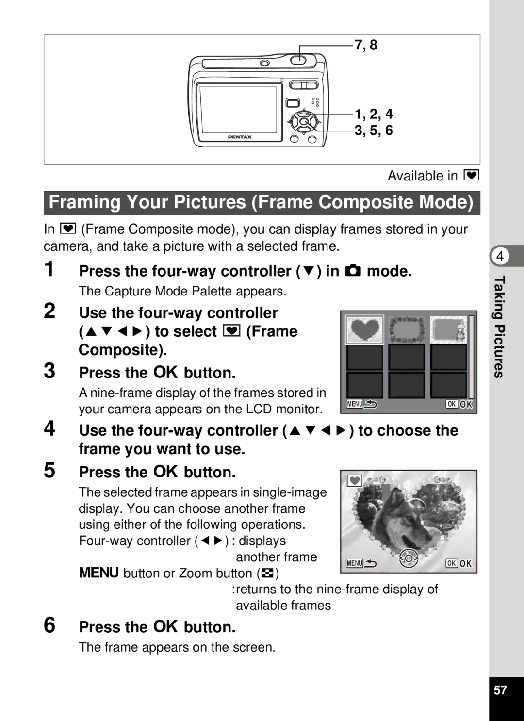 Pentax optio E-40, 19196 manual Framing Your Pictures Frame Composite Mode, 4 3, 5, Capture Mode Palette appears 