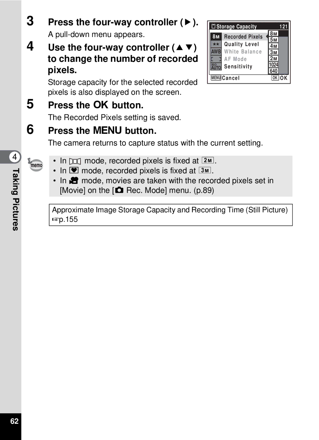 Pentax 19196, optio E-40 manual Recorded Pixels setting is saved 