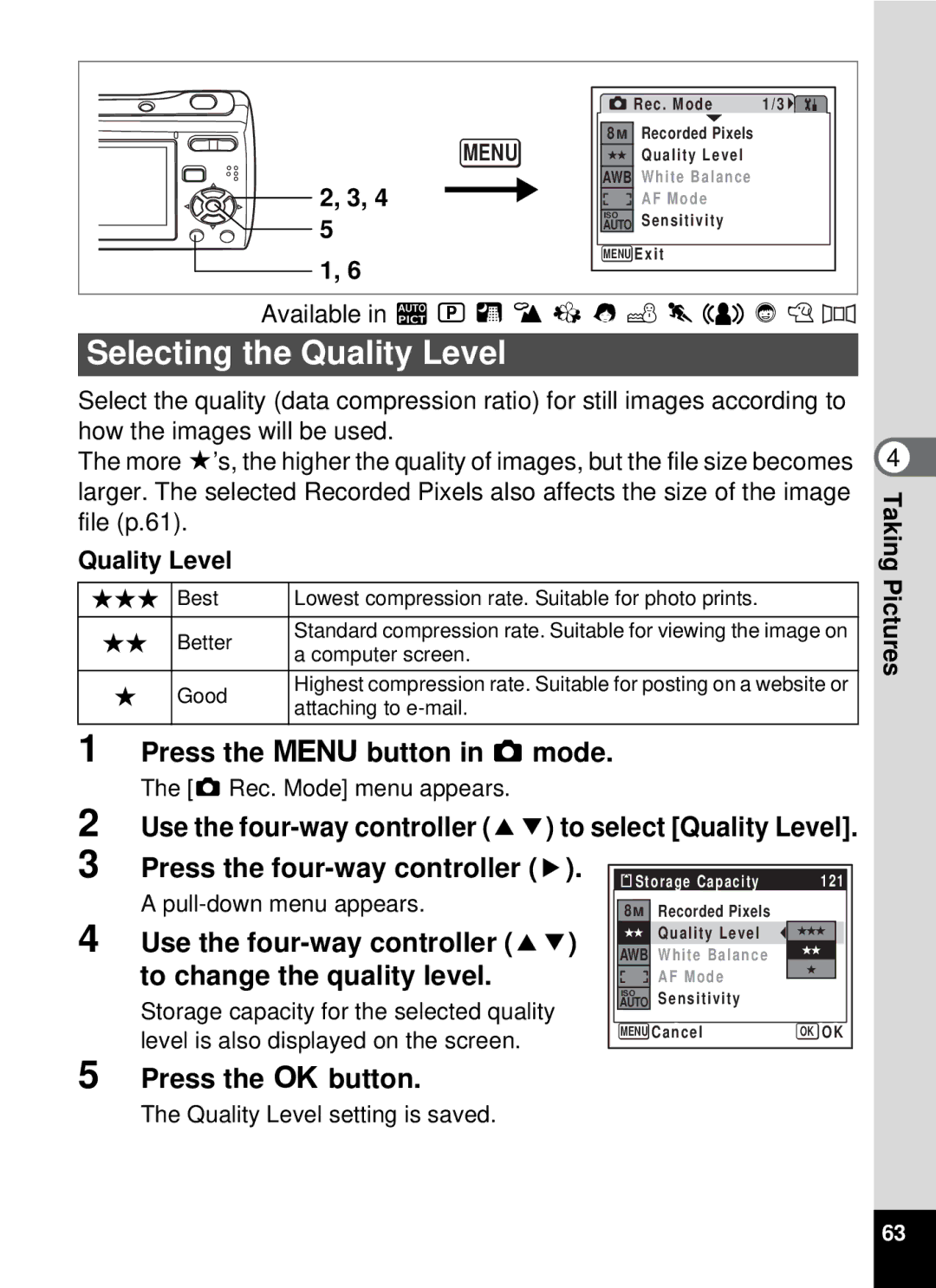 Pentax optio E-40, 19196 manual Selecting the Quality Level 