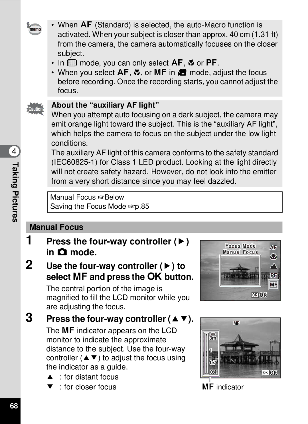 Pentax 19196, optio E-40 manual Manual Focus, About the auxiliary AF light 