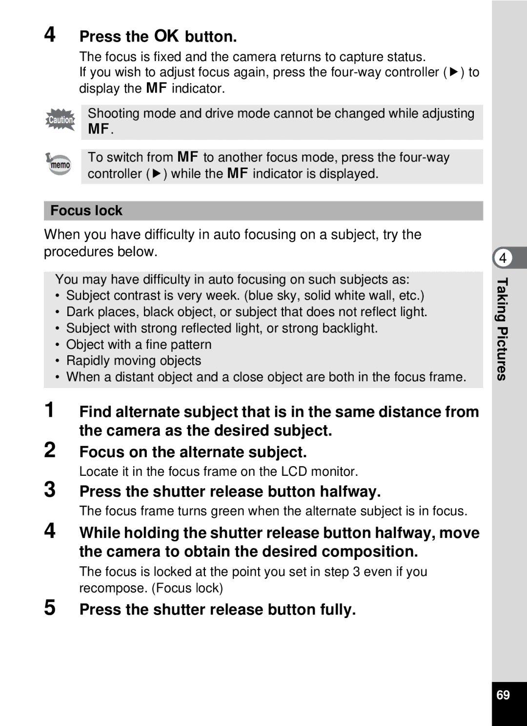 Pentax optio E-40, 19196 manual Press the shutter release button fully, Focus lock 