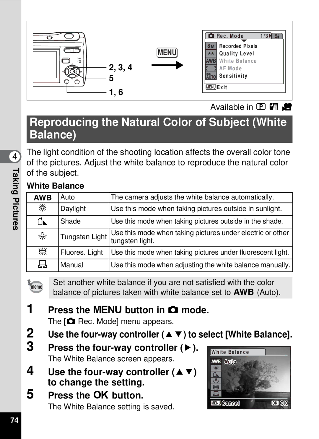 Pentax 19196, optio E-40 manual Reproducing the Natural Color of Subject White Balance, White Balance screen appears 