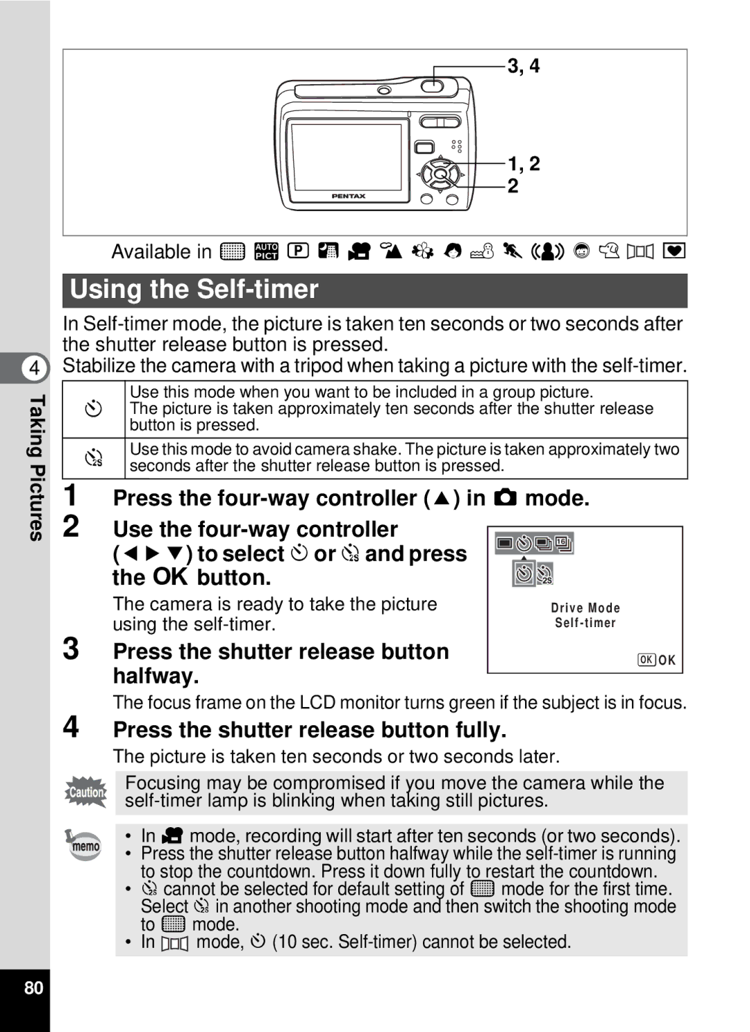 Pentax 19196, optio E-40 manual Using the Self-timer, Available in sbR a dq I i \ cQE Y 