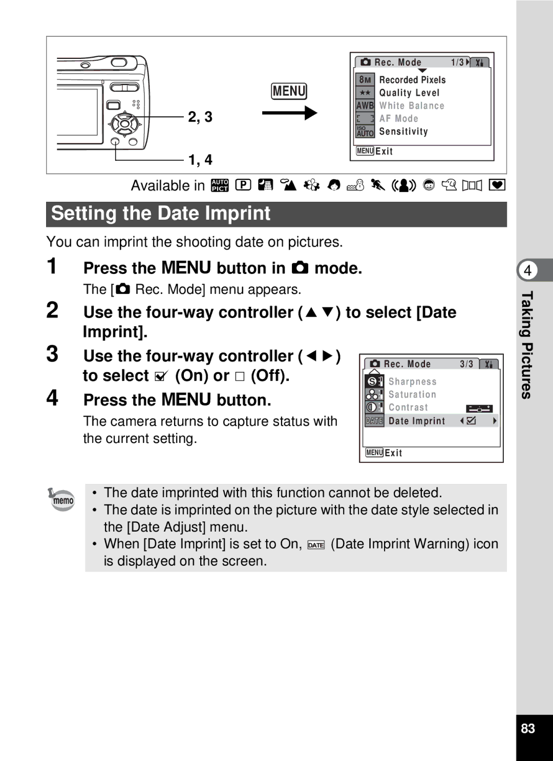 Pentax optio E-40, 19196 Setting the Date Imprint, Use the four-way controller 23 to select Date Imprint, Current setting 