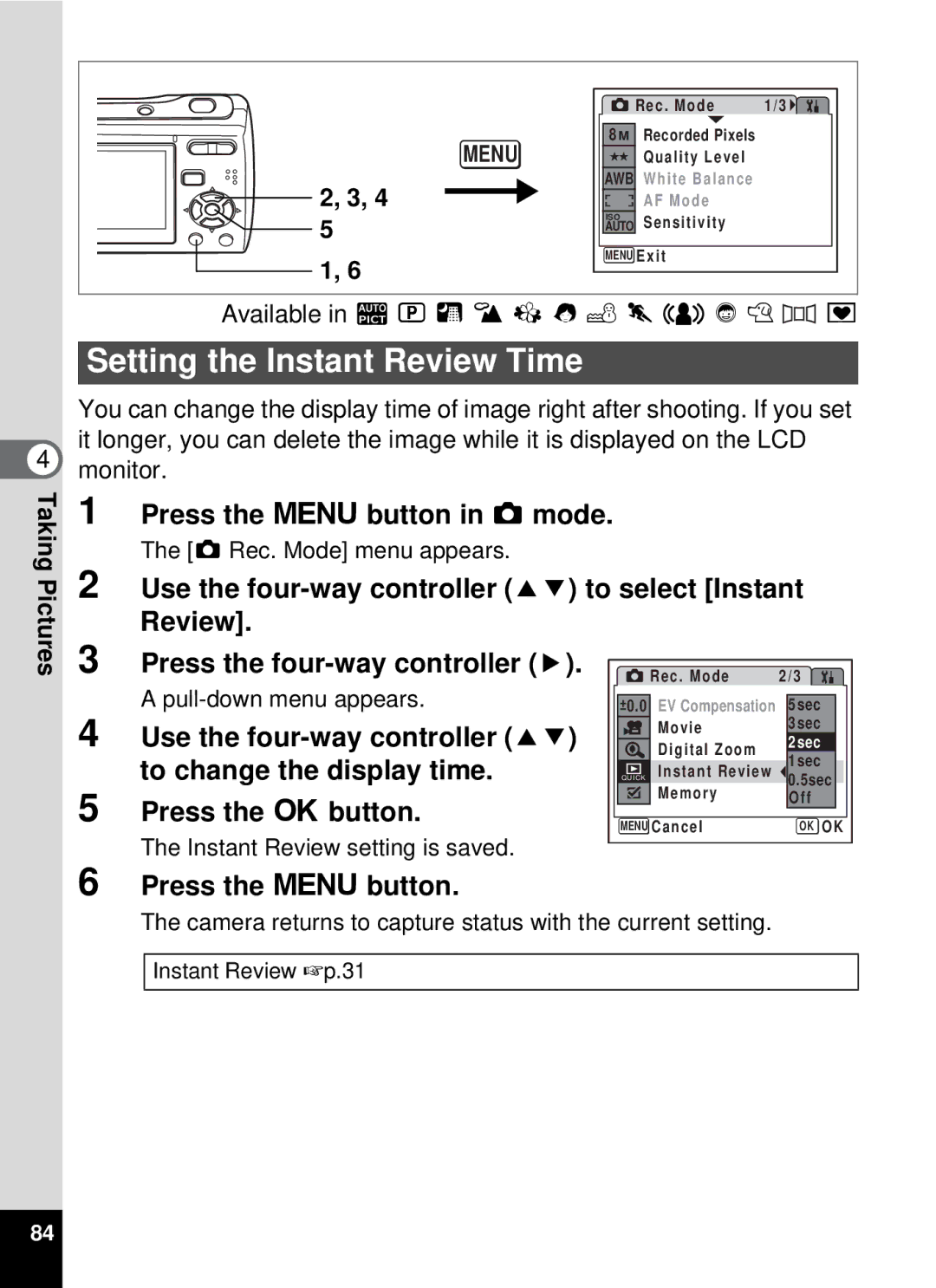 Pentax 19196, optio E-40 manual Setting the Instant Review Time, Use the four-way controller 23 to select Instant Review 