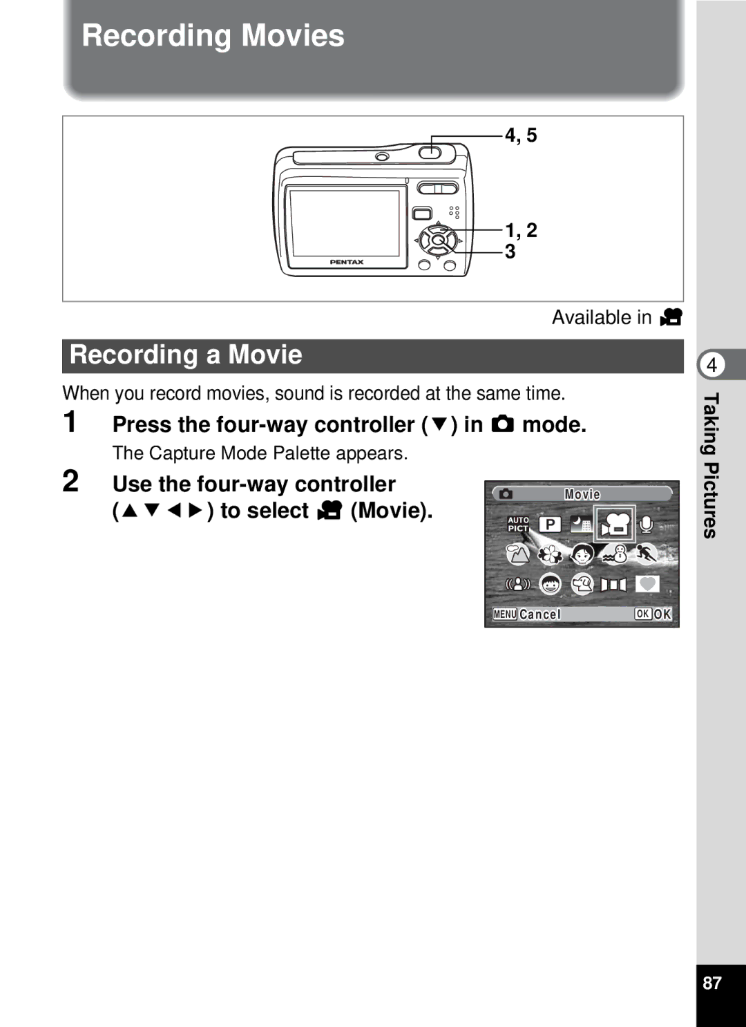 Pentax optio E-40, 19196 manual Recording Movies, Recording a Movie, To select dMovie 