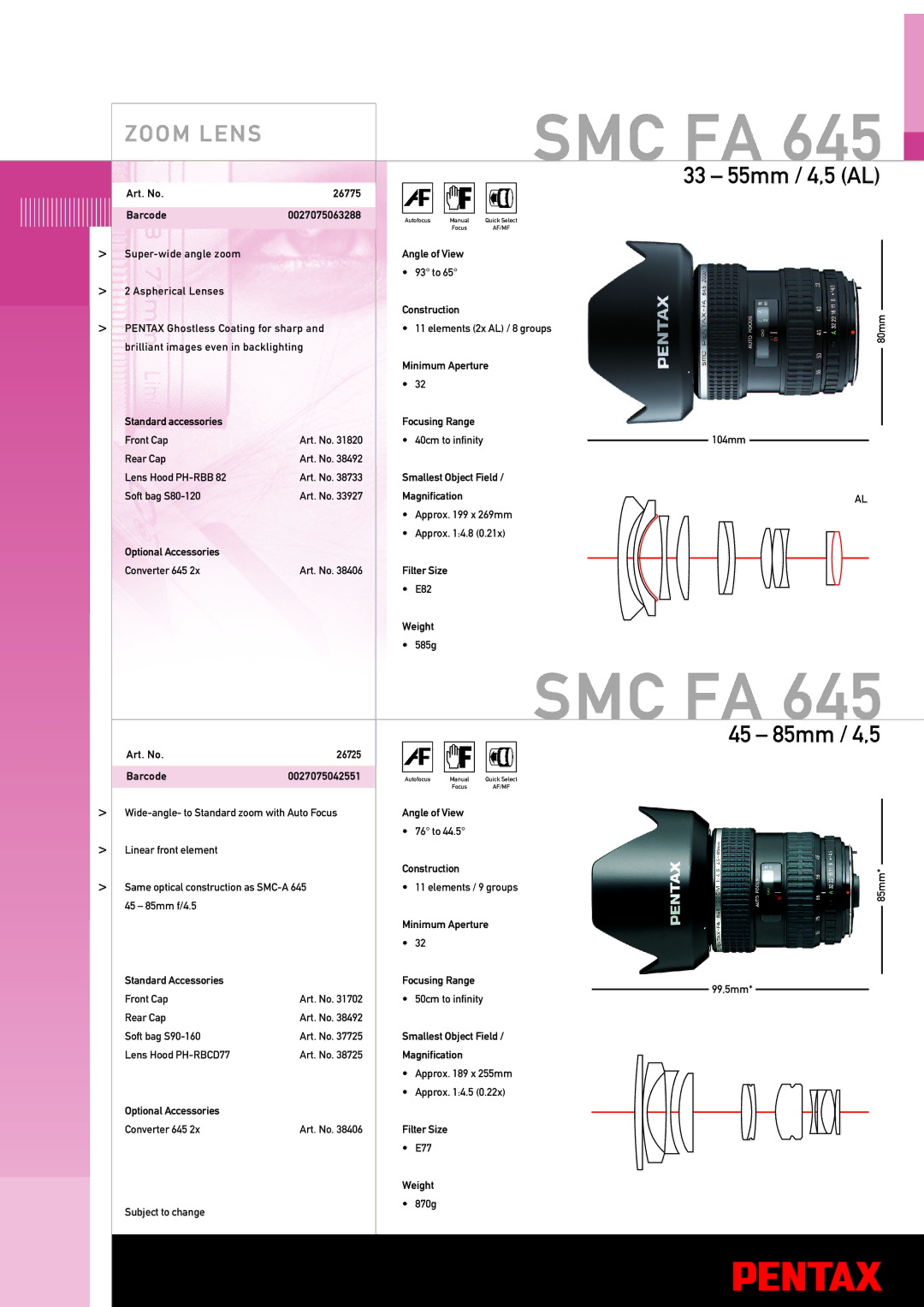Pentax 26775 manual Smc Fa, Zoom Lens, 33 55mm / 4,5 AL, 45 85mm / 4,5 