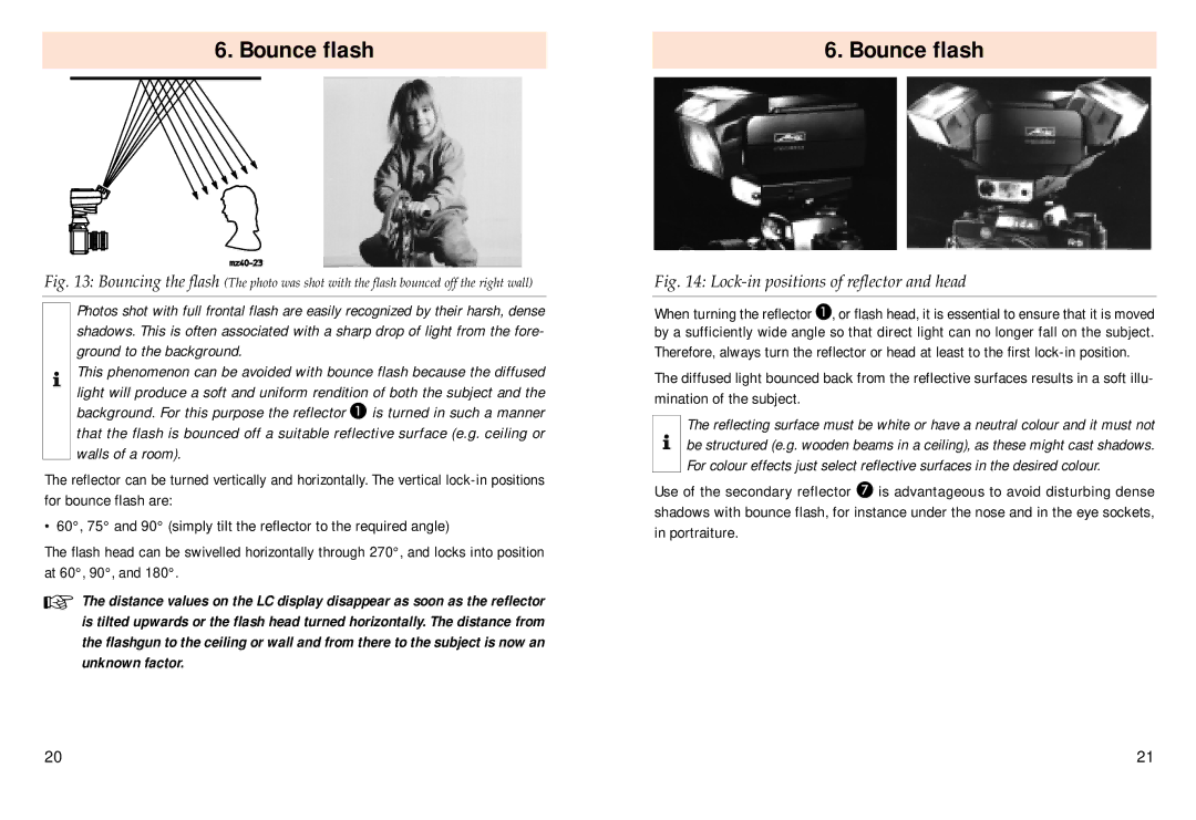 Pentax 40 MZ-3i operating instructions Bounce flash, Lock-in positions of reflector and head 